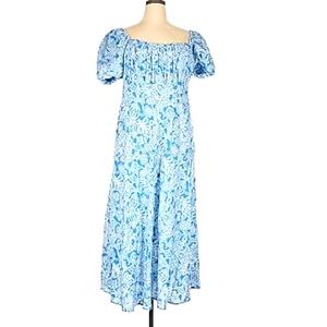 Boden Paisley square neck Puff Sleeve Dress A line blue with white paisley